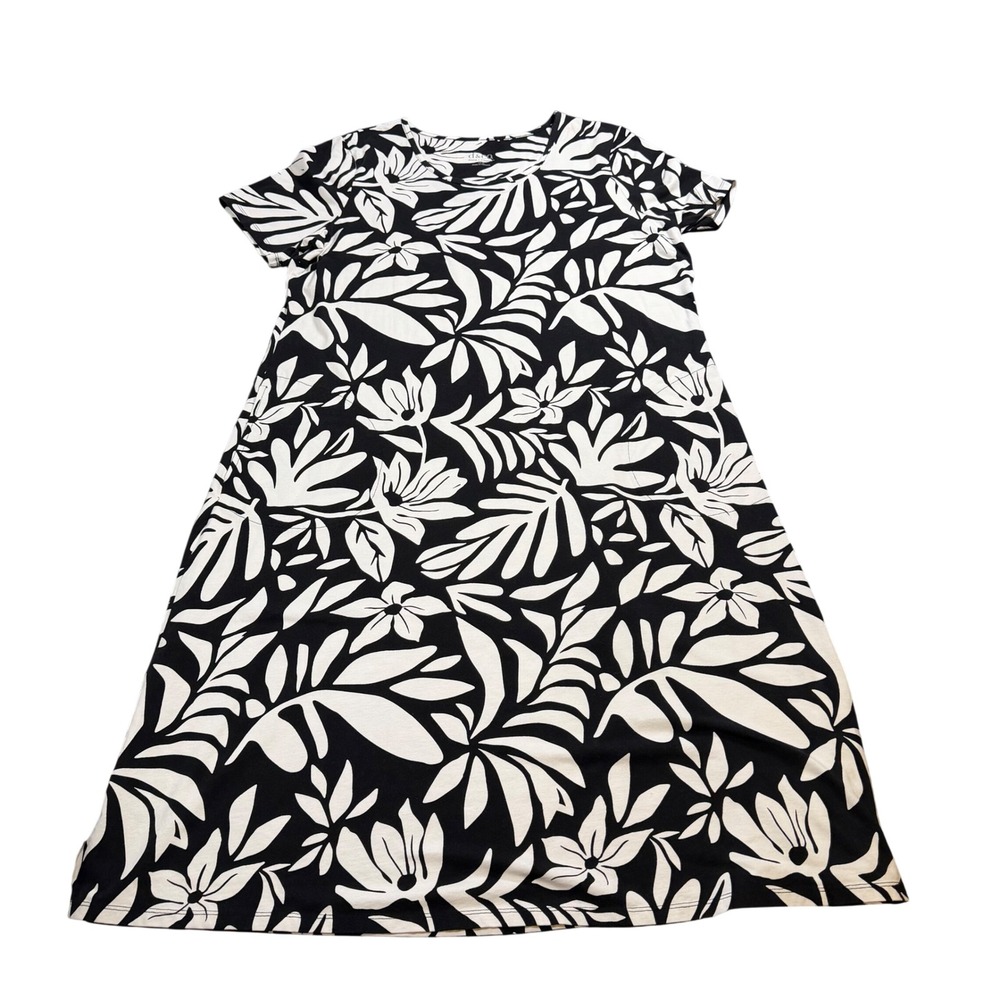 Denim & Co T-Shirt Dress Womens Black White Floral Leaf Tropical Casual XL